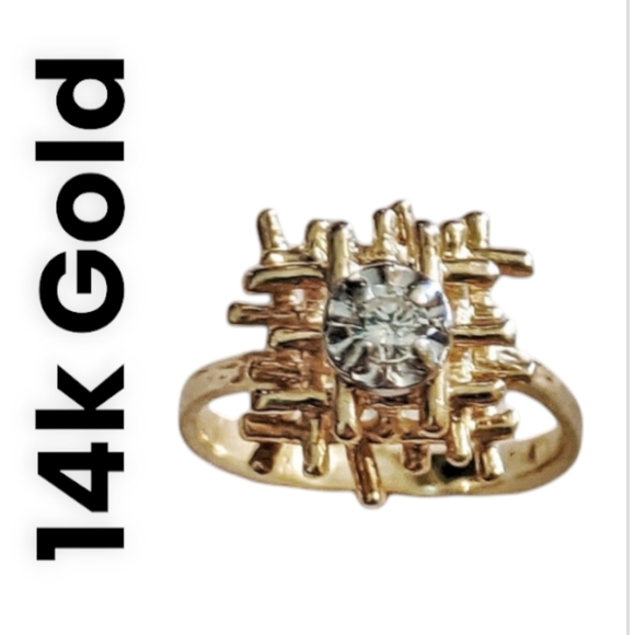 14K Solid Gold Brutalist Diamond Ring. One-of-a-Kind Architectural Design – 5.25 - Picture 5 of 9